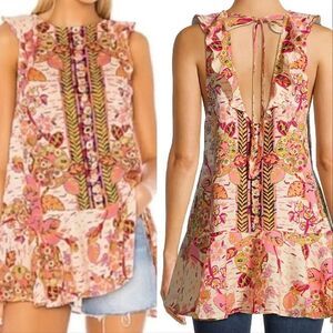 Free People Colorful Linen Summer In Tulum Sleeveless Tunic Top Medium